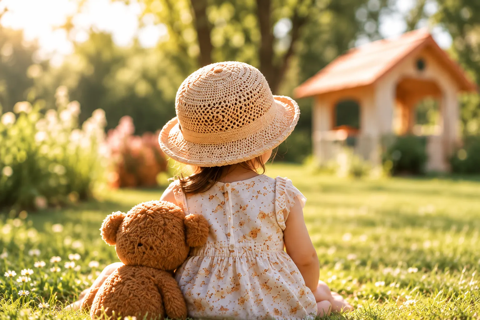 Une petite fille au chapeau de paille assise dans un jardin, son nounours à côté d'elle